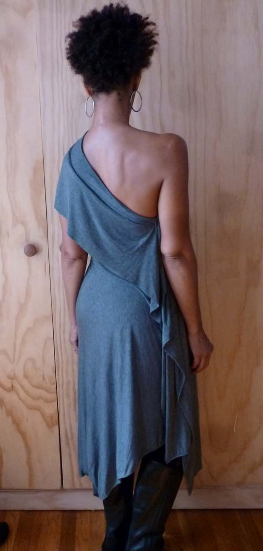 Hey there"Gray cotton lycra one shoulder dress with asymetrical drape back/chic comfortable fit
