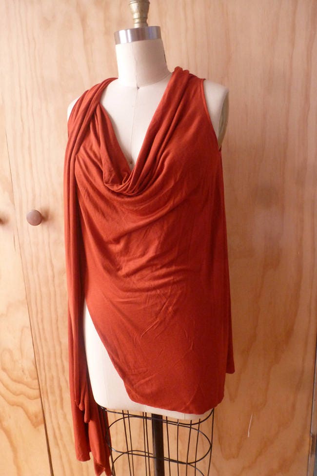 Rust rayon jersey drape top with cowl neck and split front