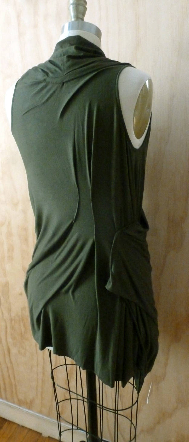 Dark olive green(color not available) v neck rayon jersey top with lots of draping details,sleeveless by Cheryl Johnston/all sizes