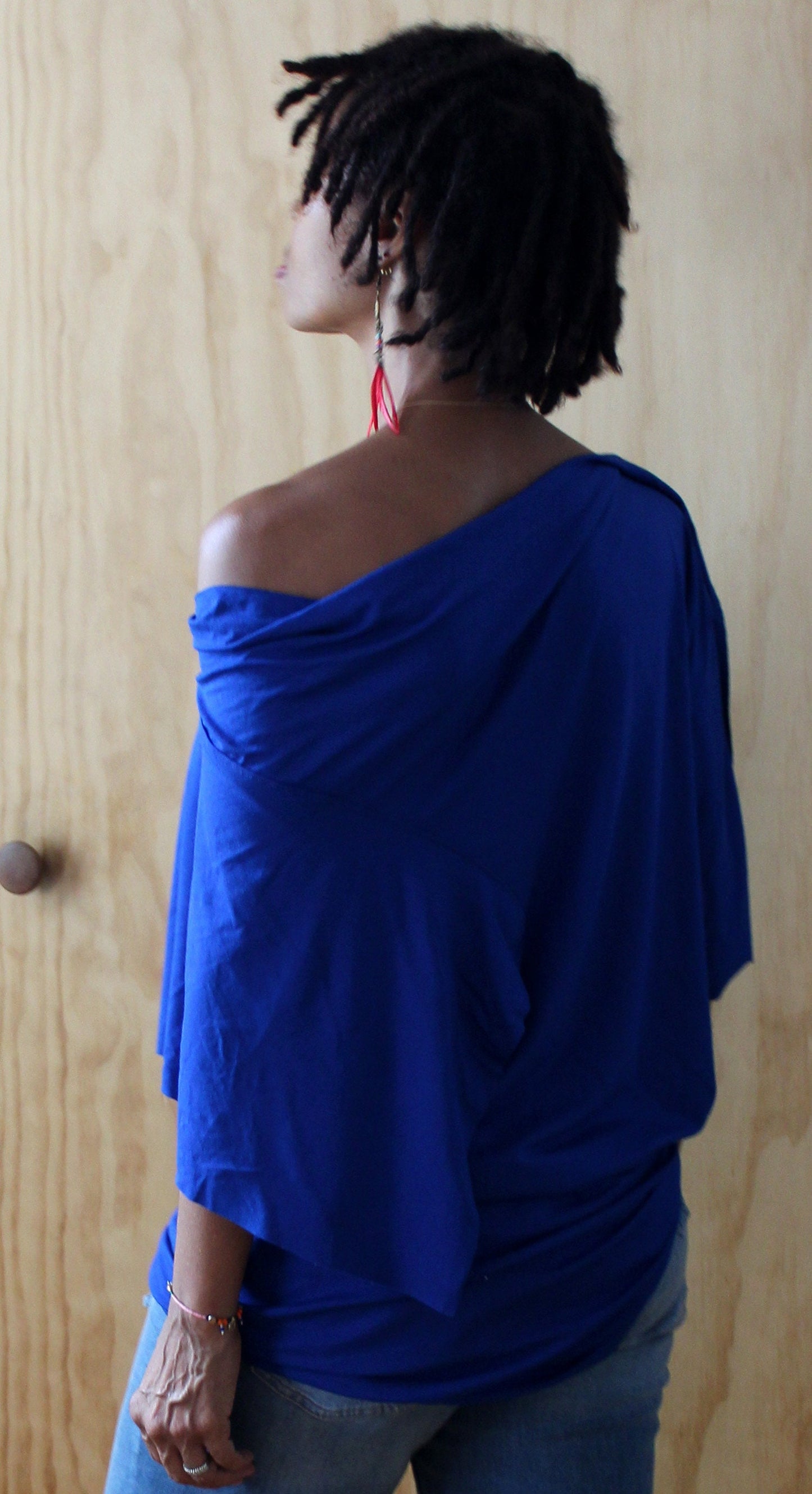 I'm here Royal Blue (color varies)rayon jersey top with drape sleeves