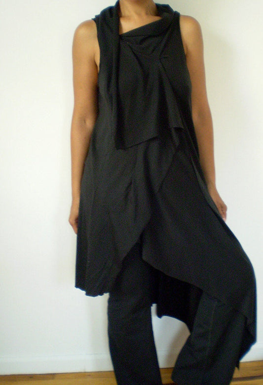 Long Black Asymmetrical Tunic/ Top with long hem on one side/ drape top/stretch cotton lycra/custom orders,by Cheryl Johnston