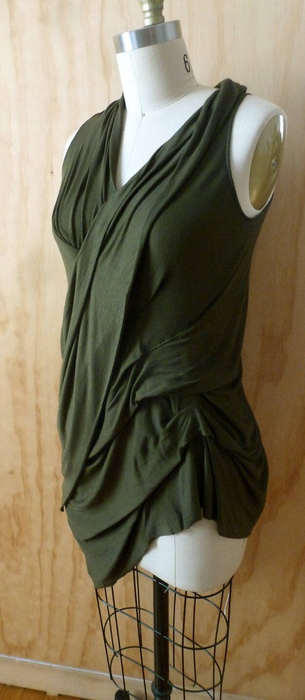 Dark olive green(color not available) v neck rayon jersey top with lots of draping details,sleeveless by Cheryl Johnston/all sizes