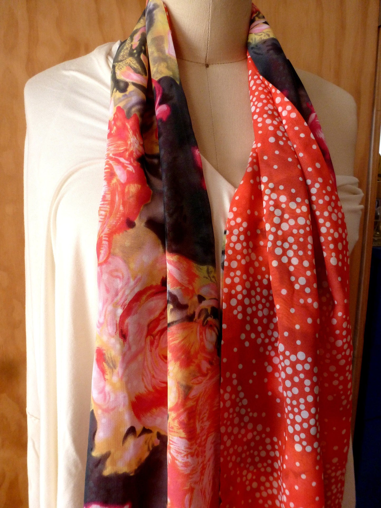 Floral rose print and polka print 2 tone scarf 59"x9"