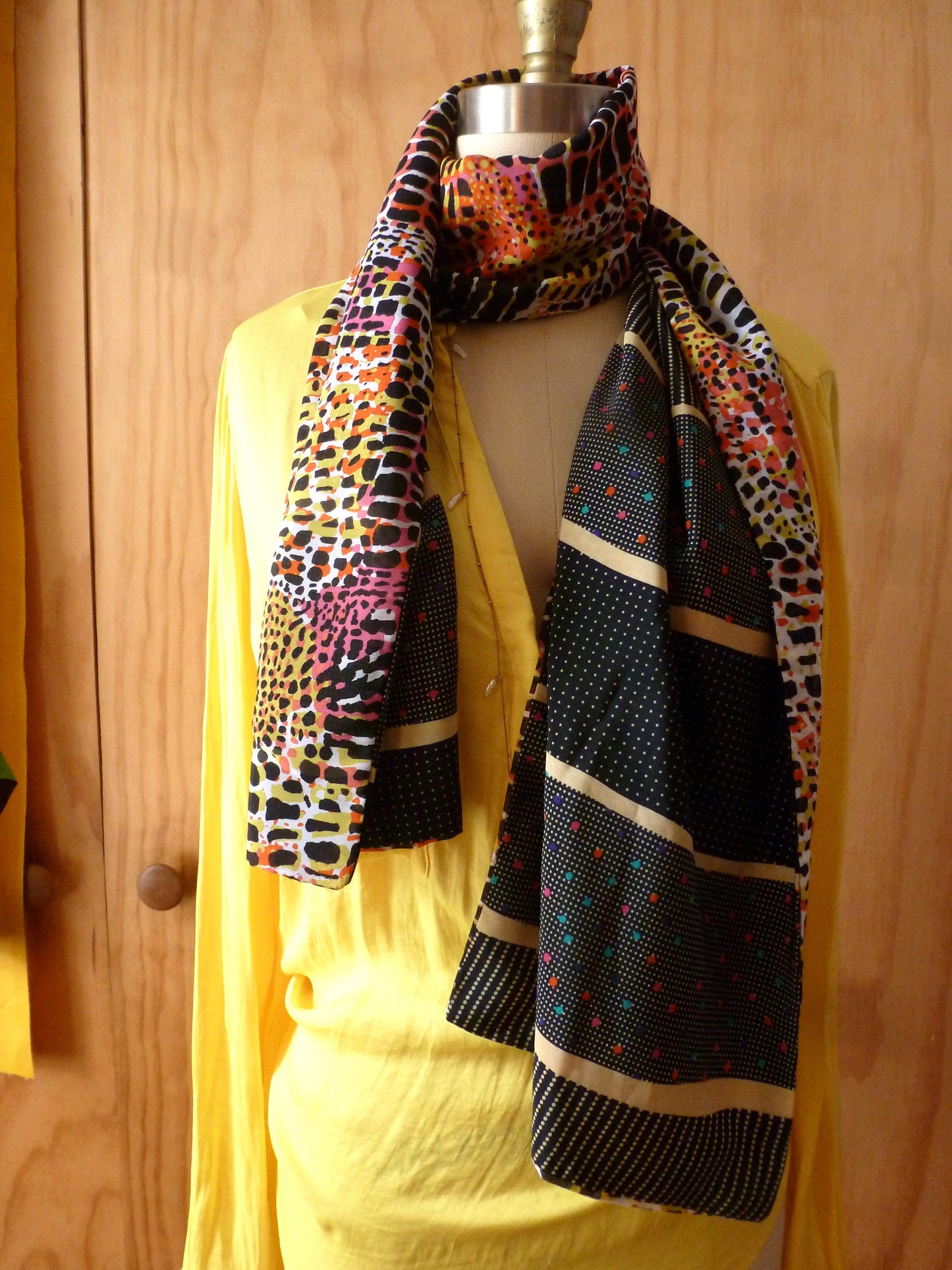 Colorful design print with lines ad colorful dots print 2 tone scarf 59"x11"