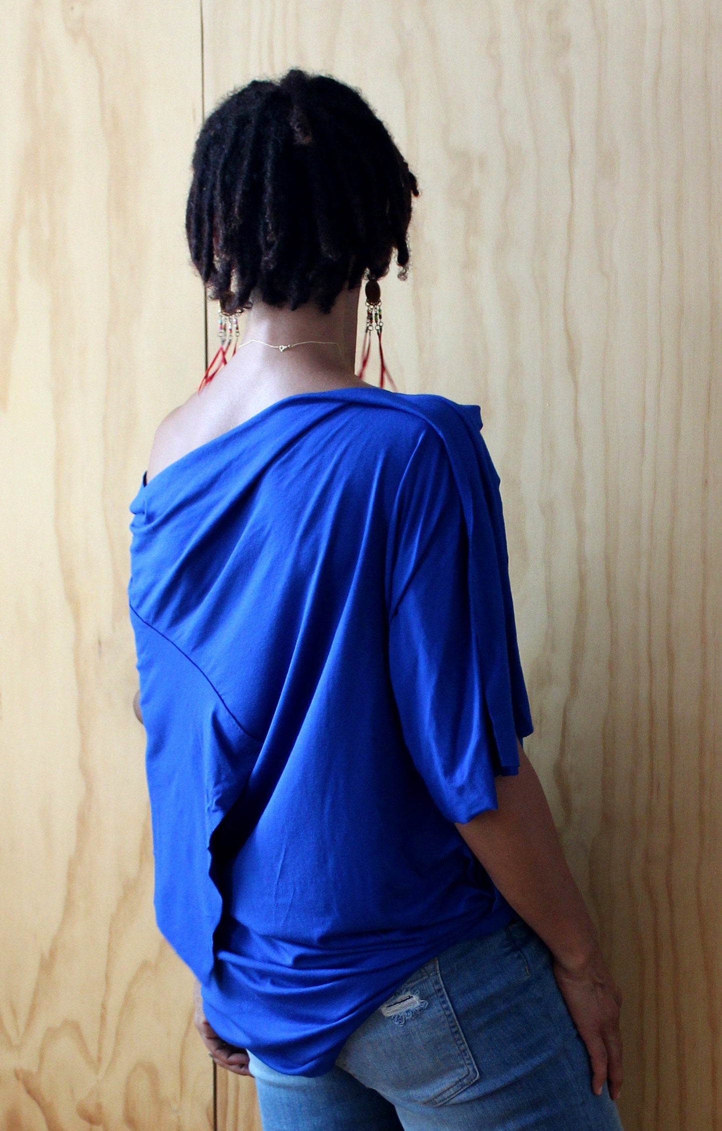 I'm here Royal Blue (color varies)rayon jersey top with drape sleeves