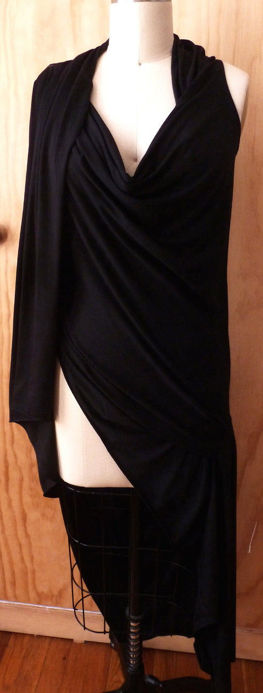 Black Long elegant drape tunic /exposed thigh on one side/ long top/ cotton rayon/ chic, evening top/custom made/ sleeveless/top with slit