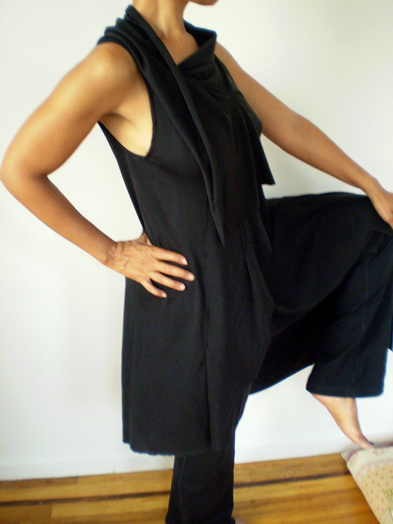 Long Black Asymmetrical Tunic/ Top with long hem on one side/ drape top/stretch cotton lycra/custom orders,by Cheryl Johnston