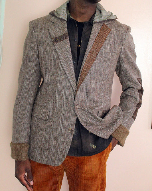 Blazer, jacket, Men's Beige Tweed Hooded Blazer with wool cuffs, repurposed, one of a kind. Designed by Wendel Johnston