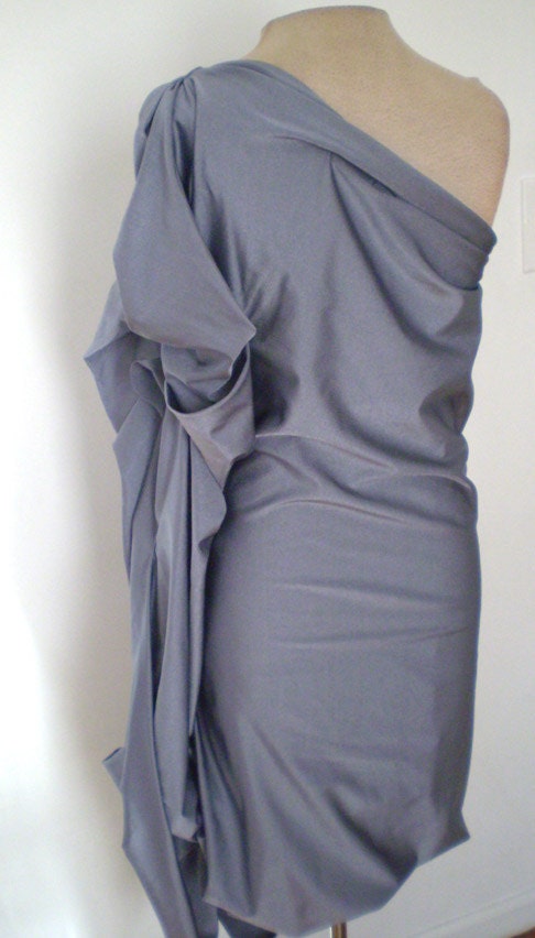 Gray One Shoulder Evening Shiny Spandex Puff Dress,custom made for you, by Cheryldine