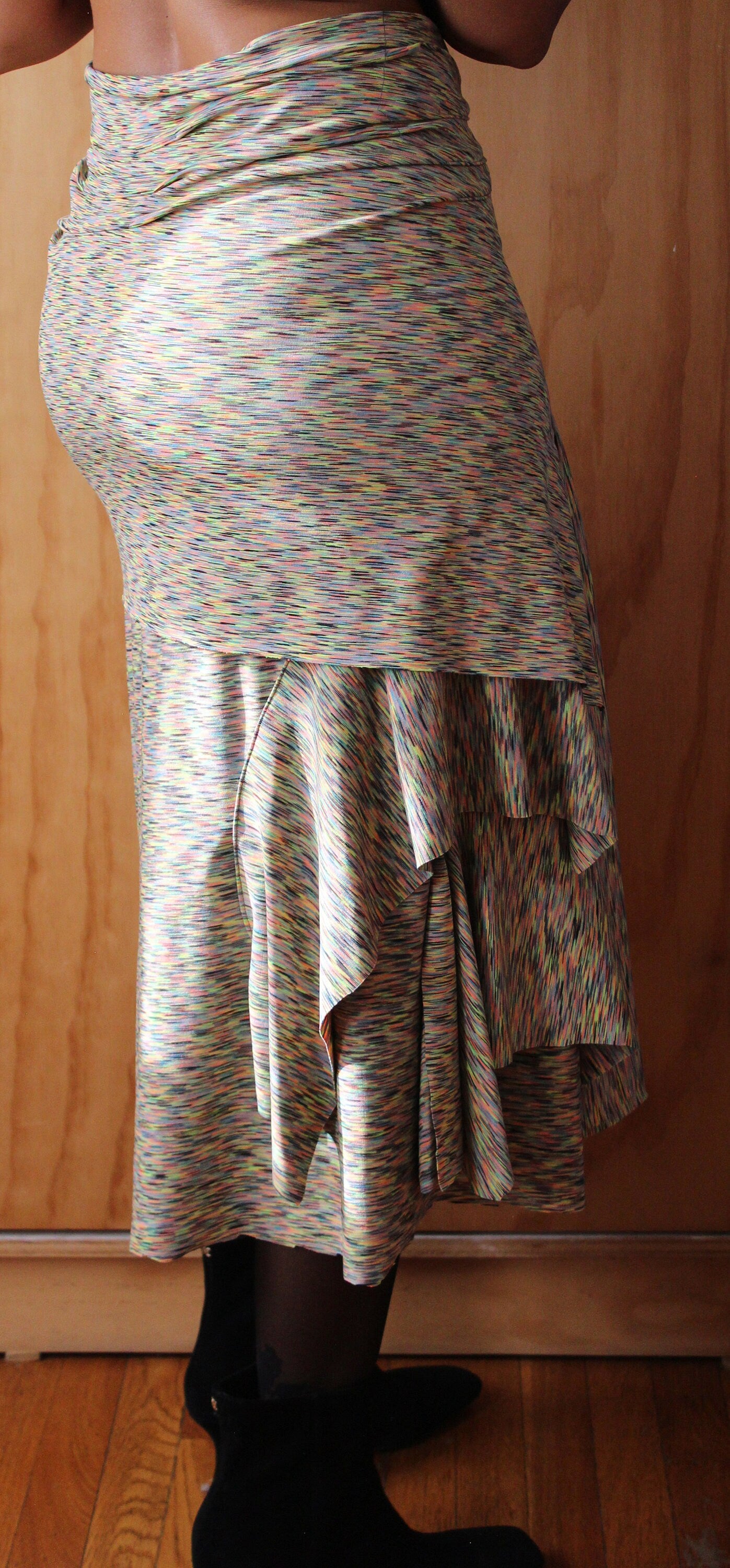 Multi color supplex fabric/flirty drape skirt/ layered detail high waist fitted/asymmetrical hemline/handmade by Cheryldine