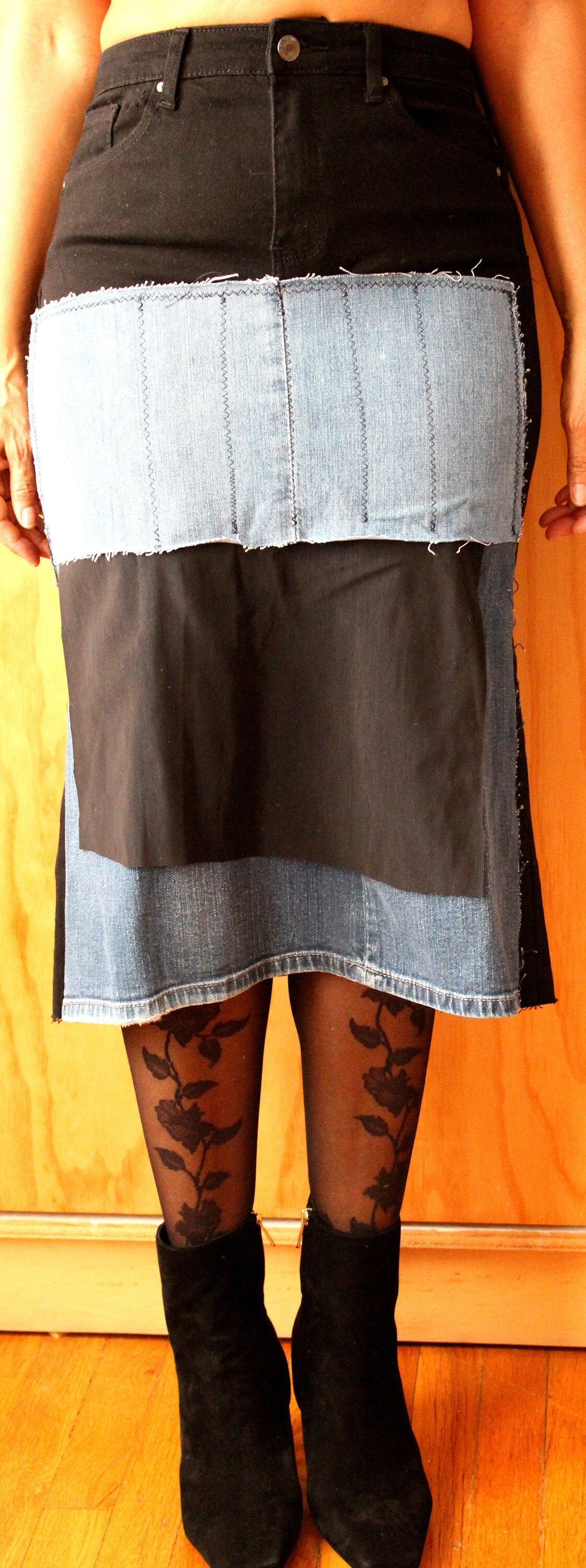 Upcycle size 8 ready to buy/waist 28/hip 41/length 29/stretch denim preloved washed to make this unique designs/by Cheryldine/Free shipping