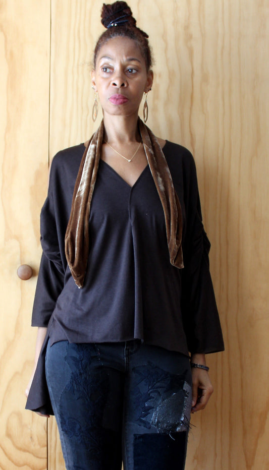 Brown jersey Long sleeve top ,v neck rayon jersey raw edge top, handmade by Cheryl Johnston