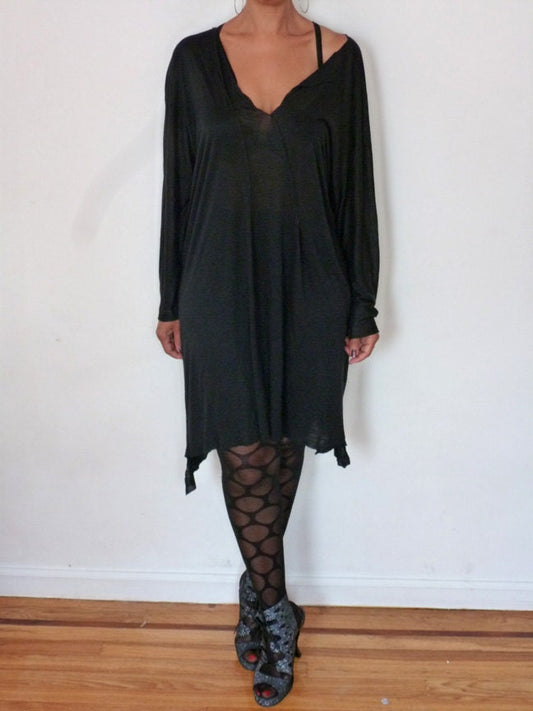 Roxy black Long Sleeve Rayon Jersey Tunic with raw edge and stitches,custom made/Long top/dress/long sleeve dress