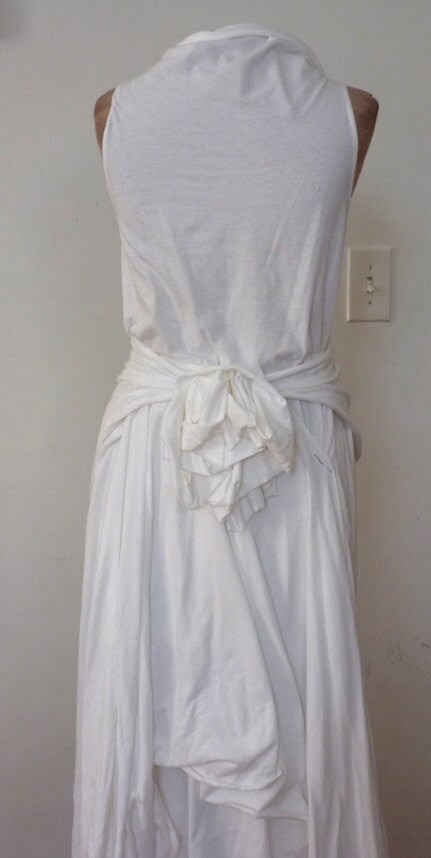 White Stretch Cotton Wedding Dress/V neck with ruffles down the front/back has drape piece/handmade by Cheryl Johnston/ one of a kind dress