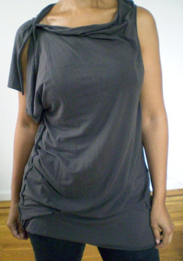 Long Black Asymmetrical Tunic/ Top with long hem on one side/ drape top/stretch cotton lycra/custom orders,by Cheryl Johnston