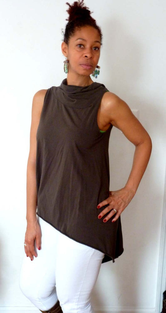 Brown Rayon Cotton Top with short front and mid length back/sleeveless/ great with jeans or leggings, drape blouse