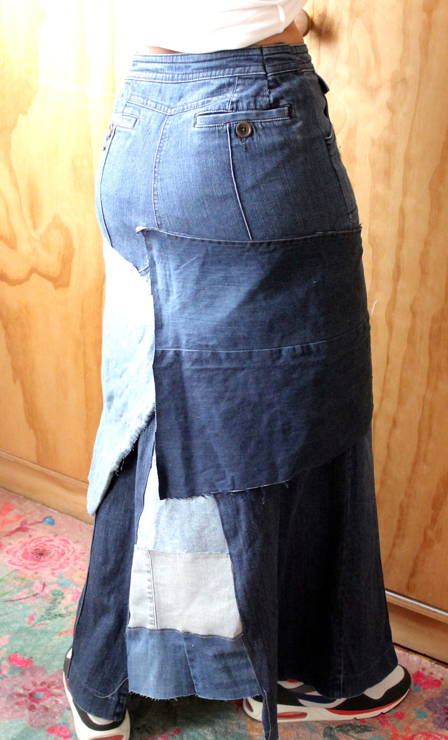 Plain but chic upscale stretch denim skirt/ waist 31/ hip 44/ length 42 denim handmade belt included/ fun streetwear and chic one of a kind