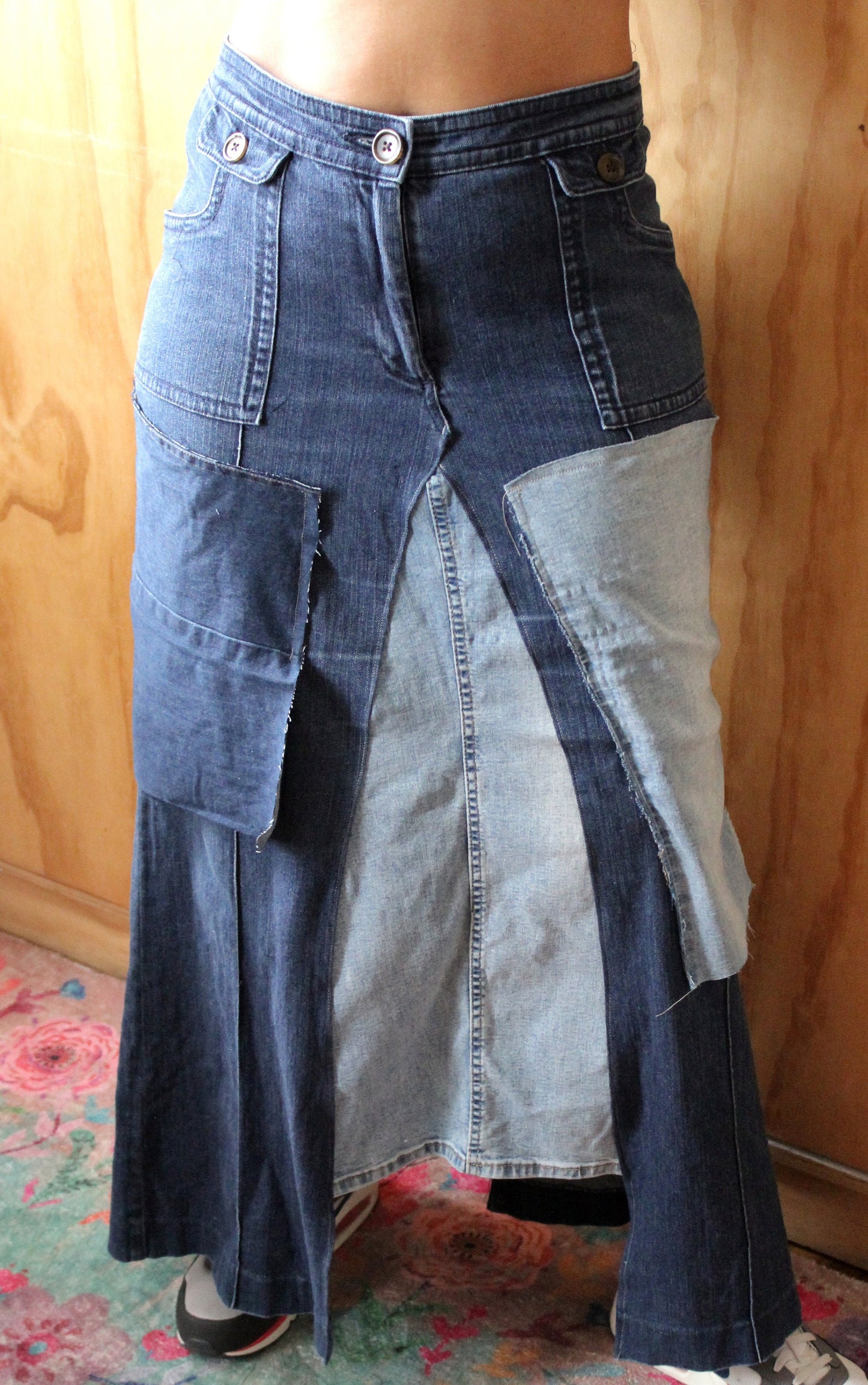 Plain but chic upscale stretch denim skirt/ waist 31/ hip 44/ length 42 denim handmade belt included/ fun streetwear and chic one of a kind