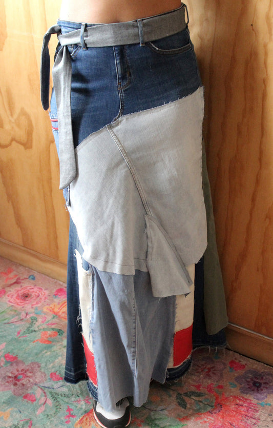 READY TO BUY Flame upcycle denim skirt/waist 33/hip 42/ length 42 denim handmade belt included/fun streetwear and chic one of a kind