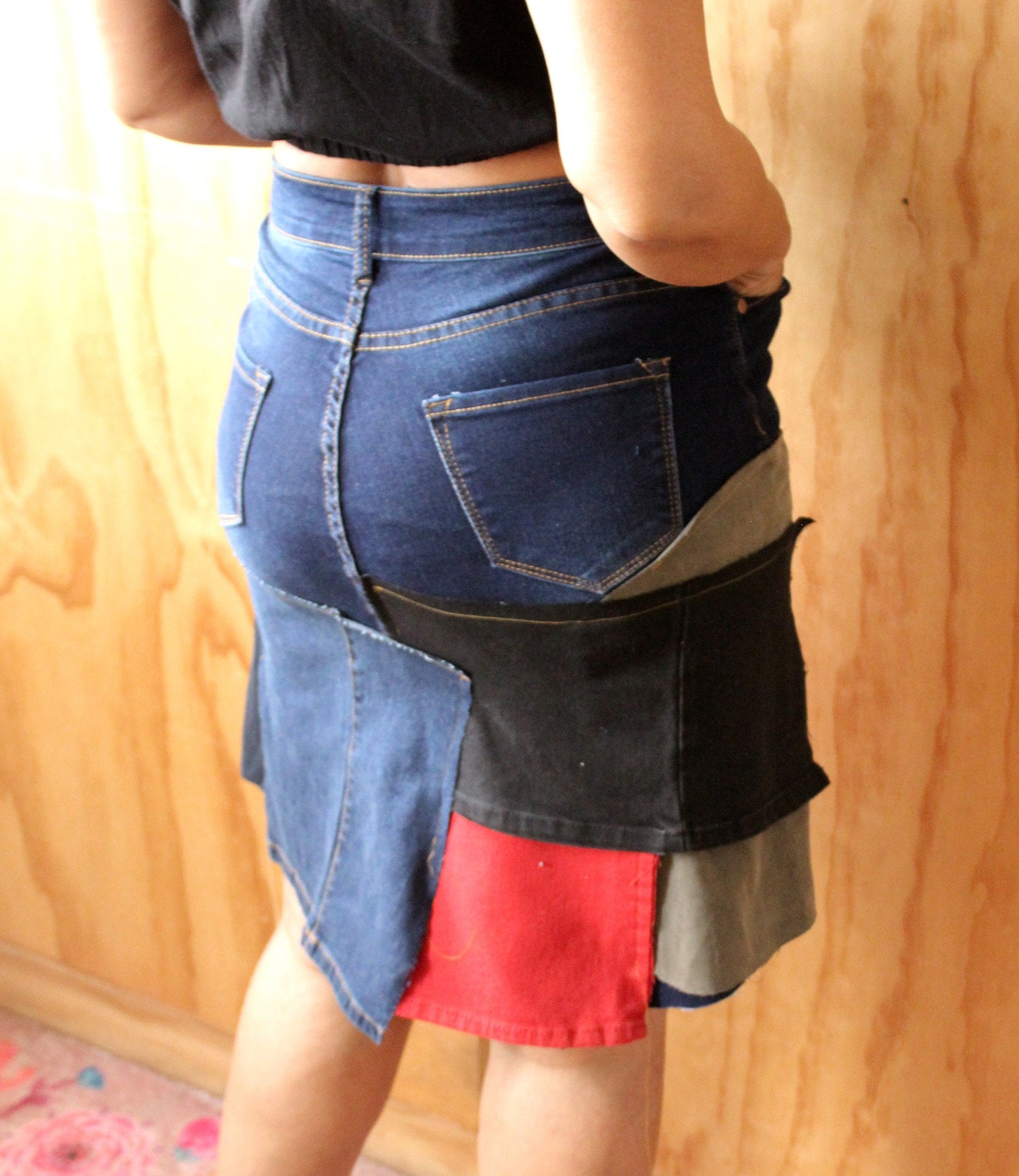 Fun color block upcycle preloved washed denim/ waist 28/ hip 40/ length 26-28 above the knee ready to buy size 8-10/ made by Cheryldine