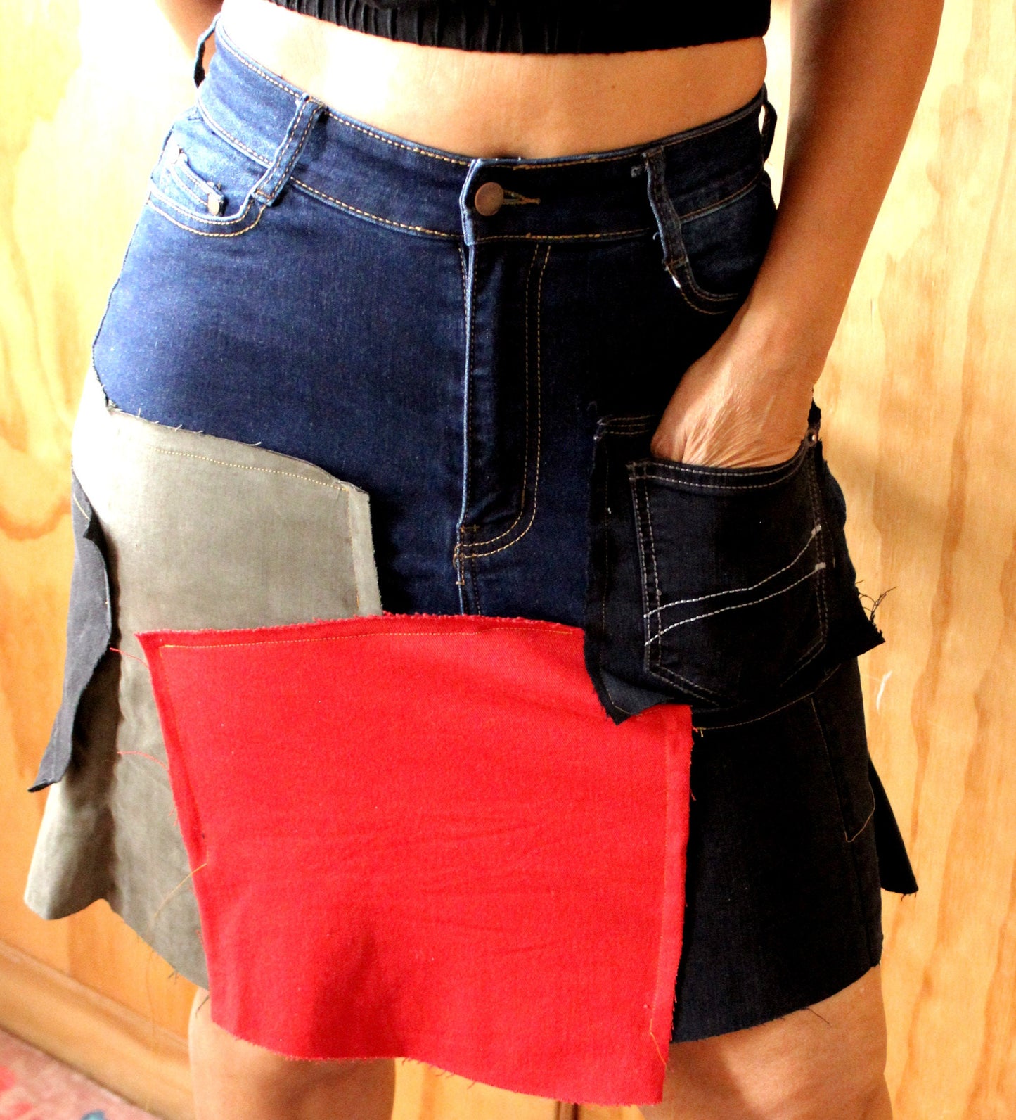 Fun color block upcycle preloved washed denim/ waist 28/ hip 40/ length 26-28 above the knee ready to buy size 8-10/ made by Cheryldine