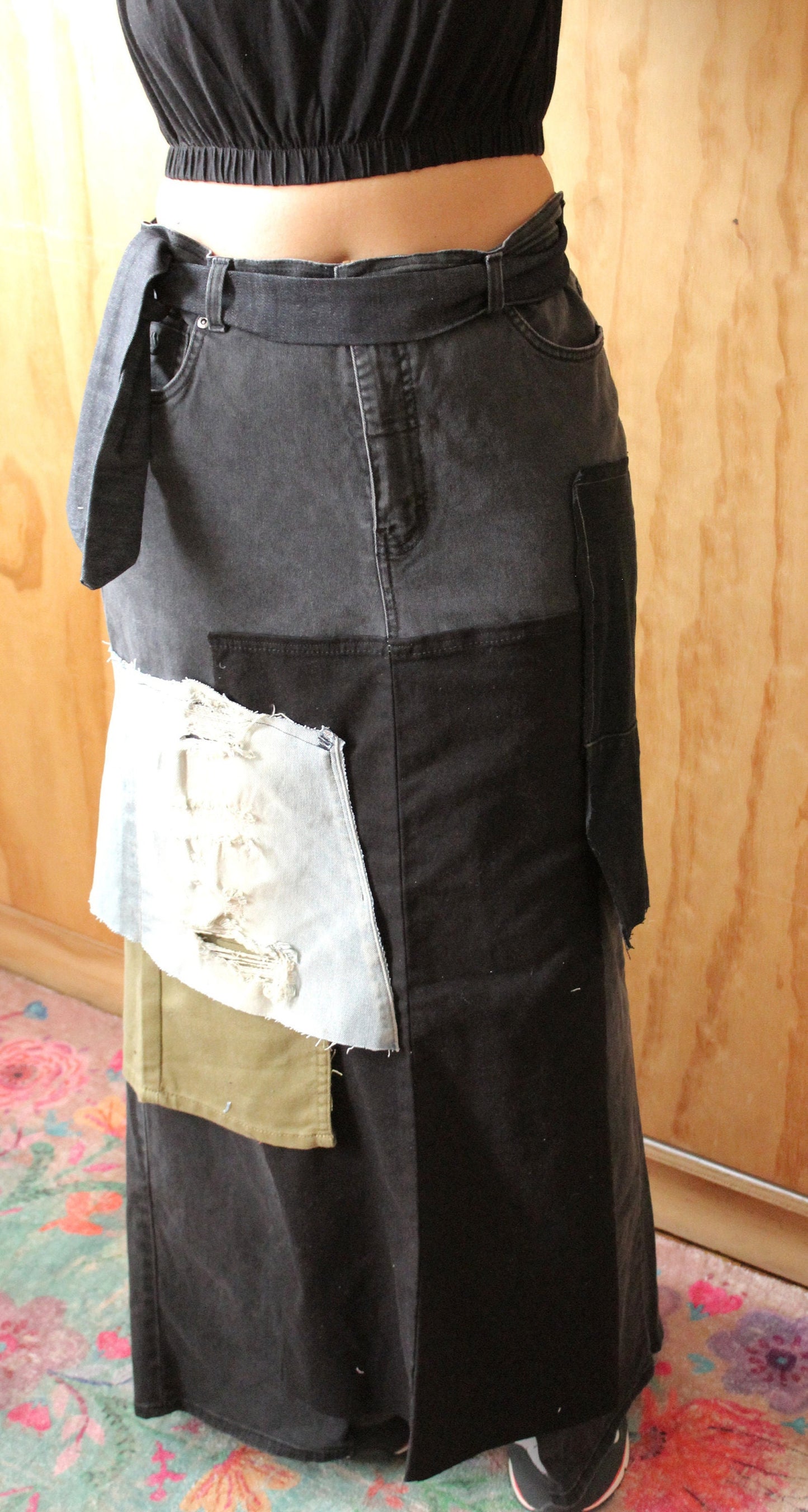 Dark daring upcycle denim slight stretch skirt/ waist 36/ hip 44/ length 42 handmade denim belt included/ streetwear and chic one of a kind