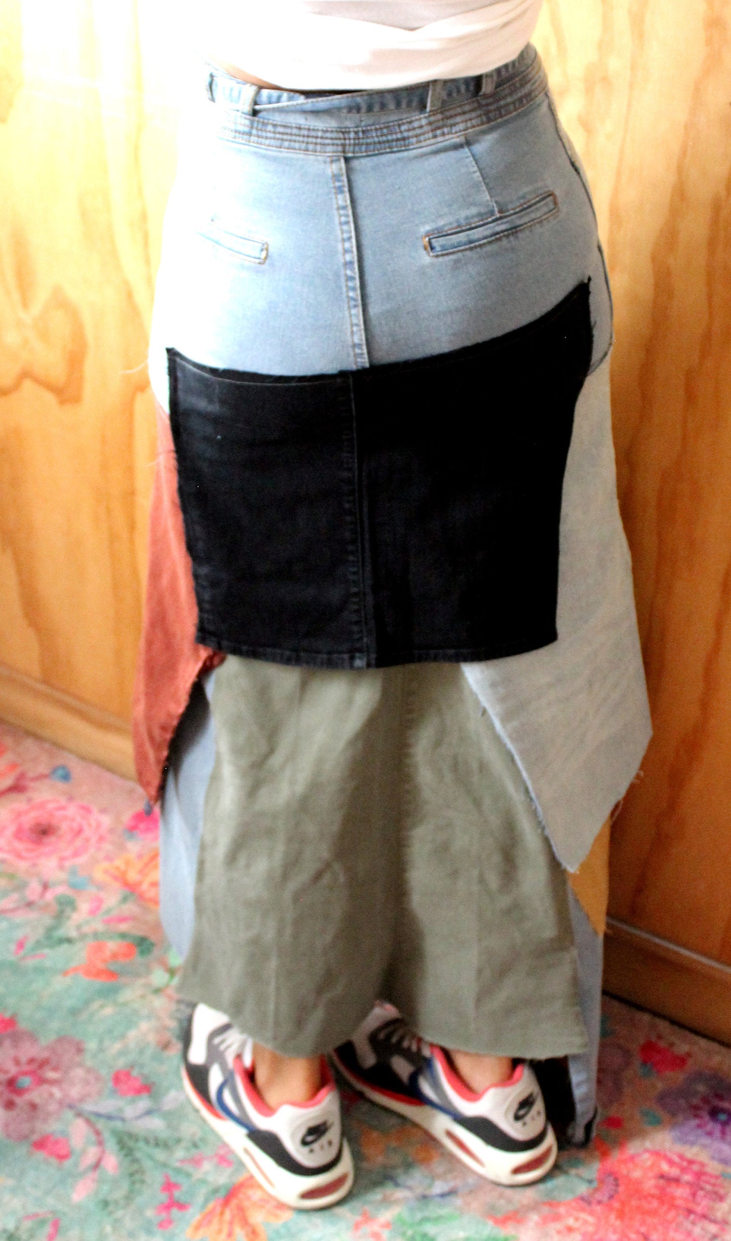 As I am upcycle stretch denim skirt/ waist 29/hip 40/ length 44 /size 6-9 streetwear and chic one of a kind/ reconstruct  by Cheryl