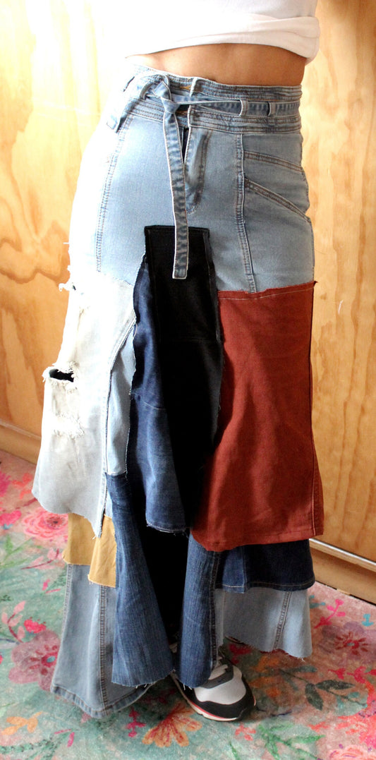 As I am upcycle stretch denim skirt/ waist 29/hip 40/ length 44 /size 6-9 streetwear and chic one of a kind/ reconstruct  by Cheryl