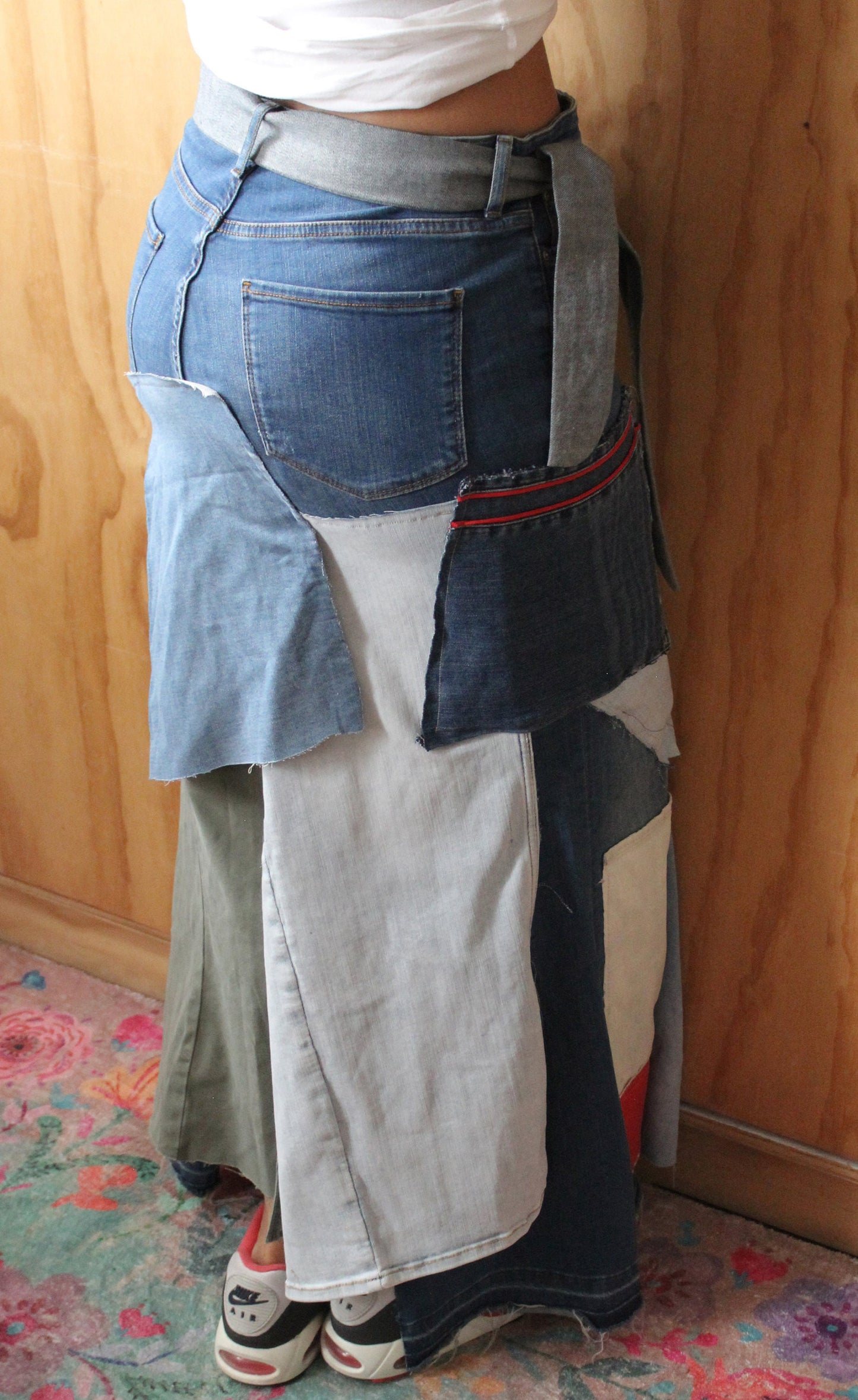 READY TO BUY Flame upcycle denim skirt/waist 33/hip 42/ length 42 denim handmade belt included/fun streetwear and chic one of a kind