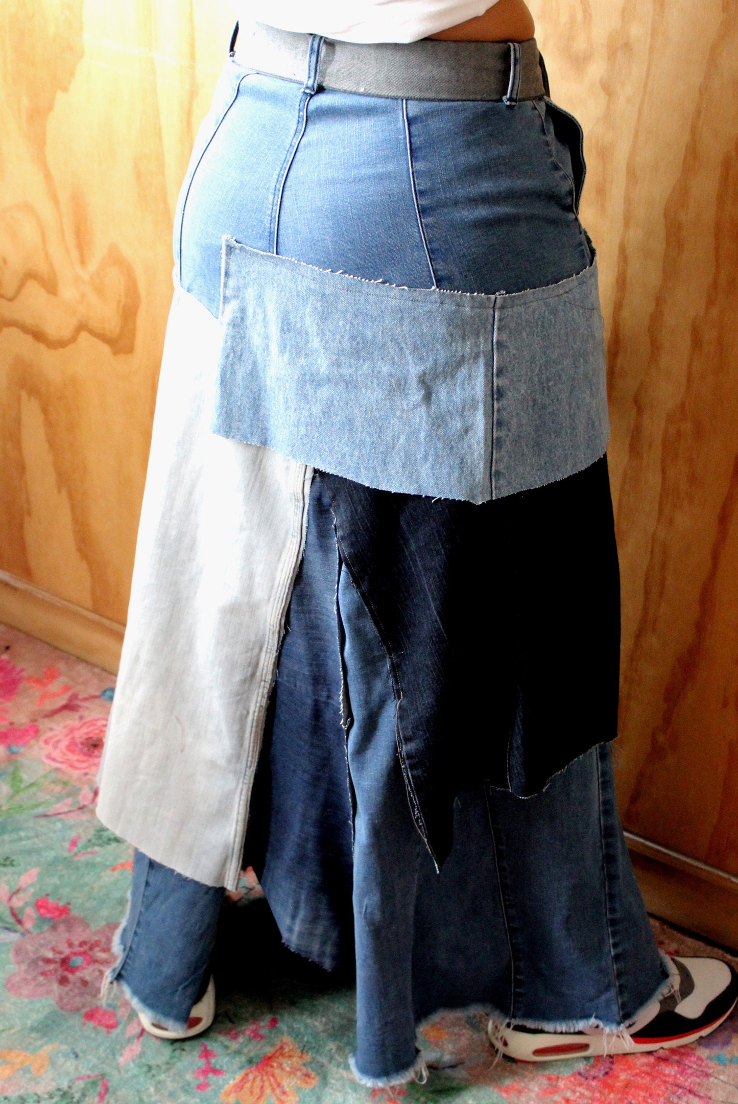 Patch work upscale stretch denim skirt/ waist 30/ hip 45-46 / length 43 denim handmade belt included/ fun streetwear and chic one of a kind