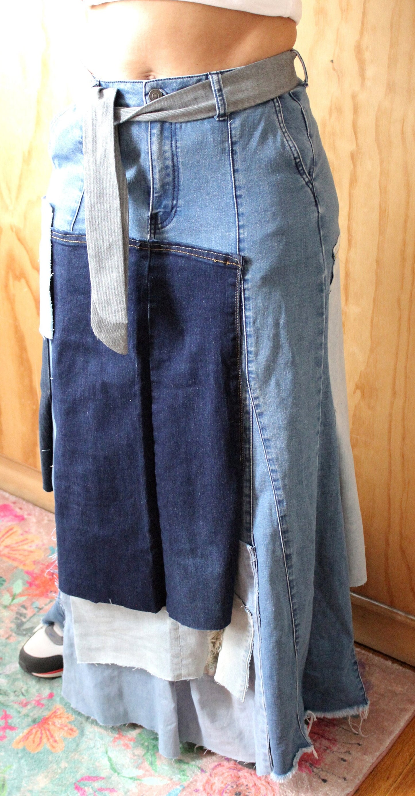 Patch work upscale stretch denim skirt/ waist 30/ hip 45-46 / length 43 denim handmade belt included/ fun streetwear and chic one of a kind