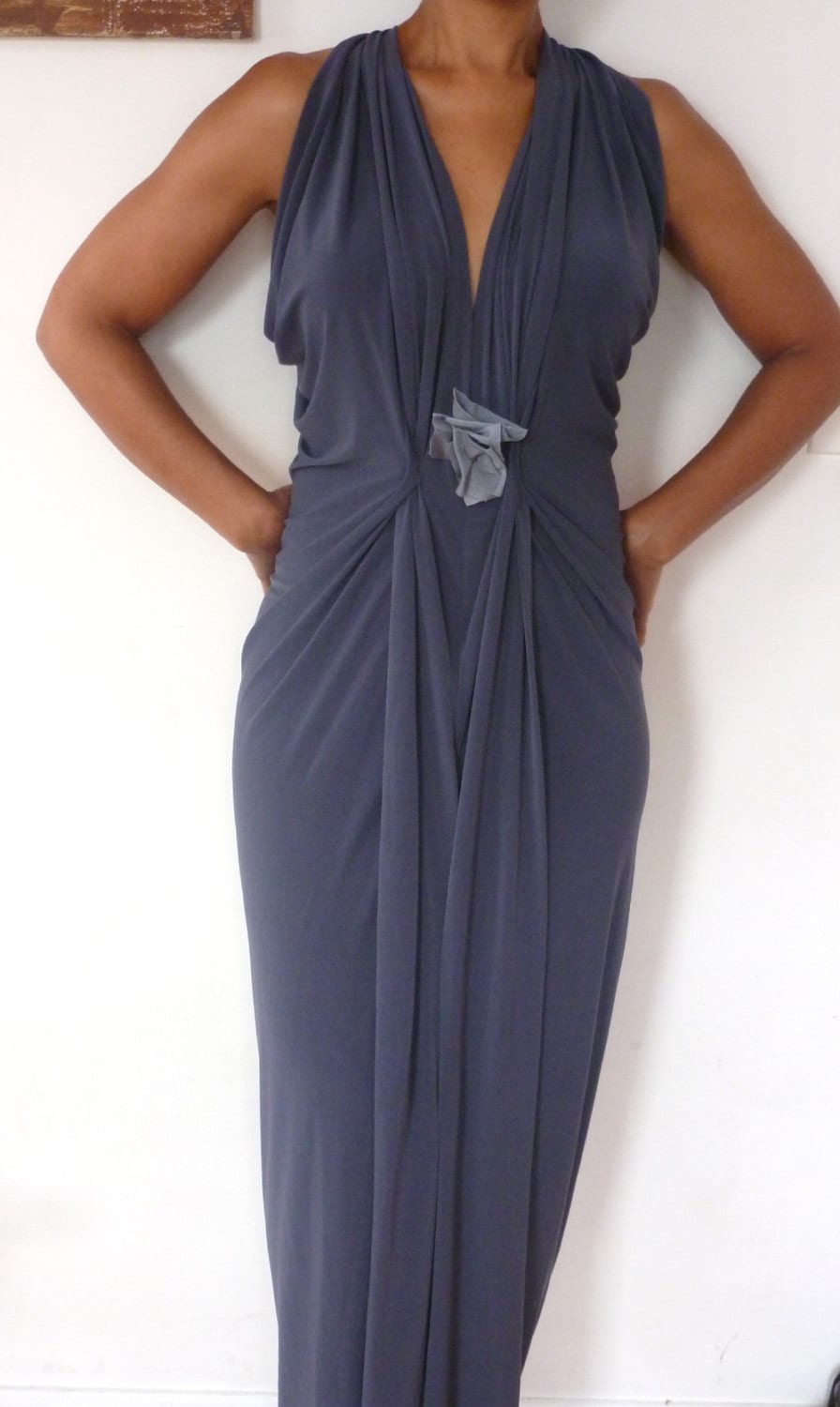 V neck Gunmetal drape front dress with light gray accent/waist is sinched at the waist/racer back dress made to order by cheryl Johnston