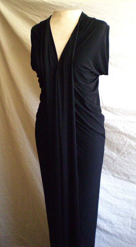 V neck Gunmetal drape front dress with light gray accent/waist is sinched at the waist/racer back dress made to order by cheryl Johnston