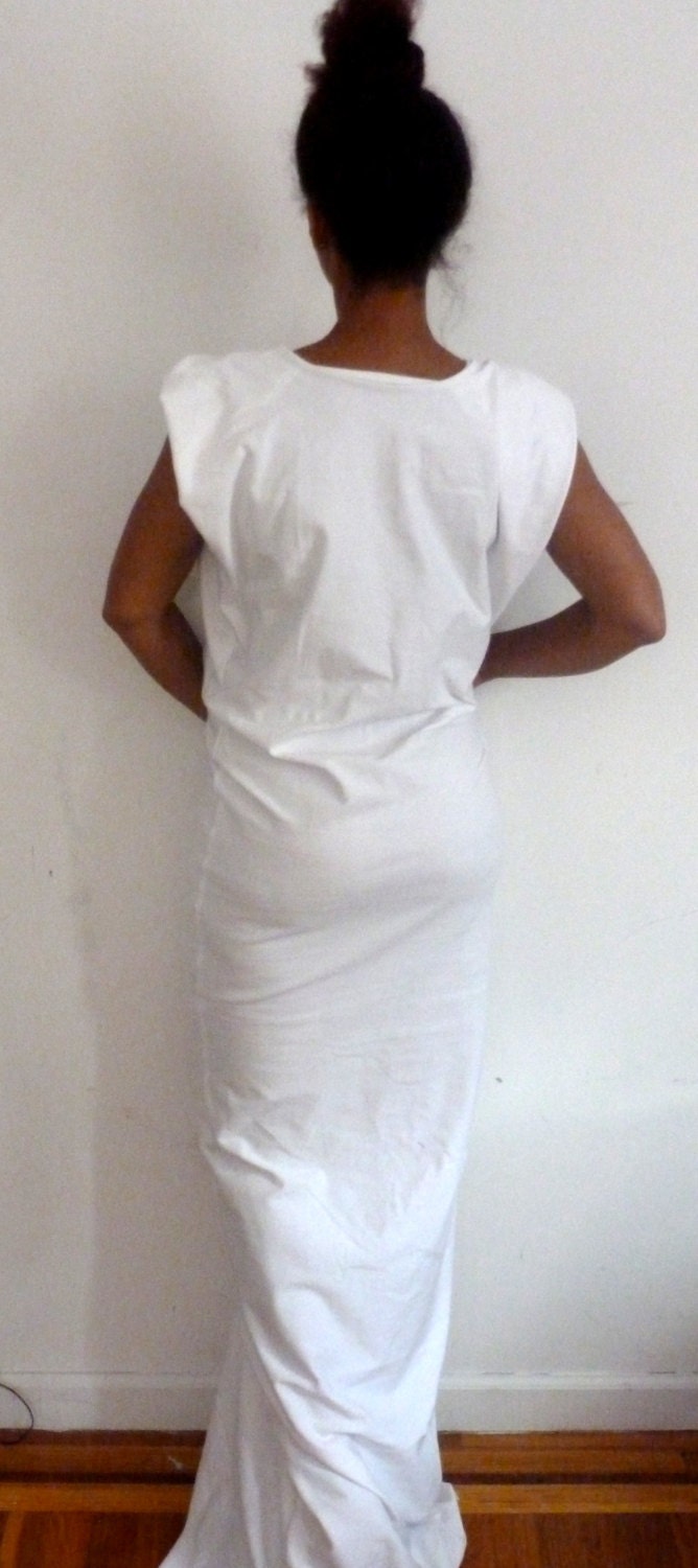 White cotton spandex drape Modern chic wedding dress/ made to order for you especially/ sleeve extended to create look/ by Cheryl Johnston