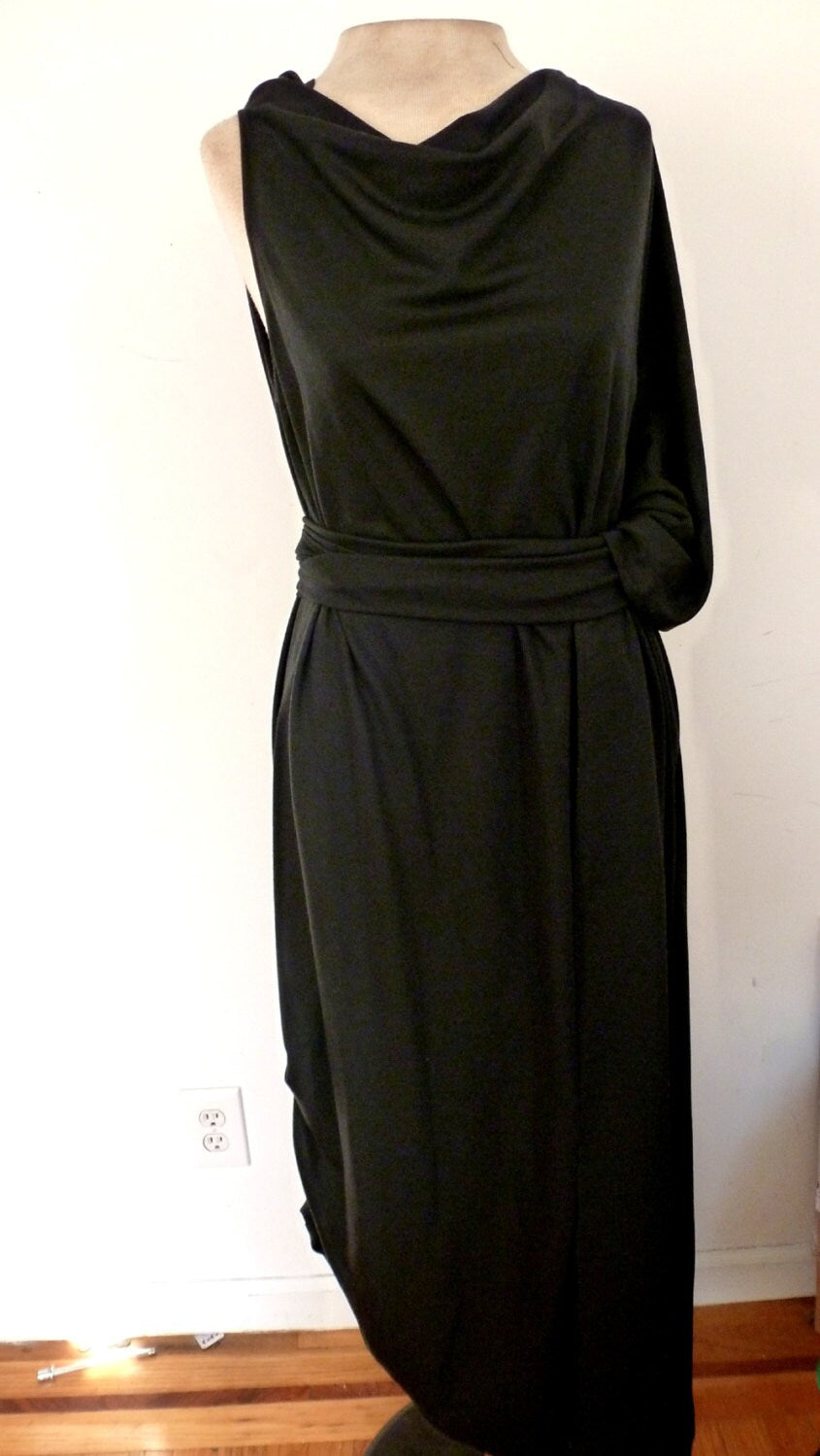 Black Long or knee length faux wrap dress with attached belt/ Asymetrical hemline/ fabric light knit or cotton spandex