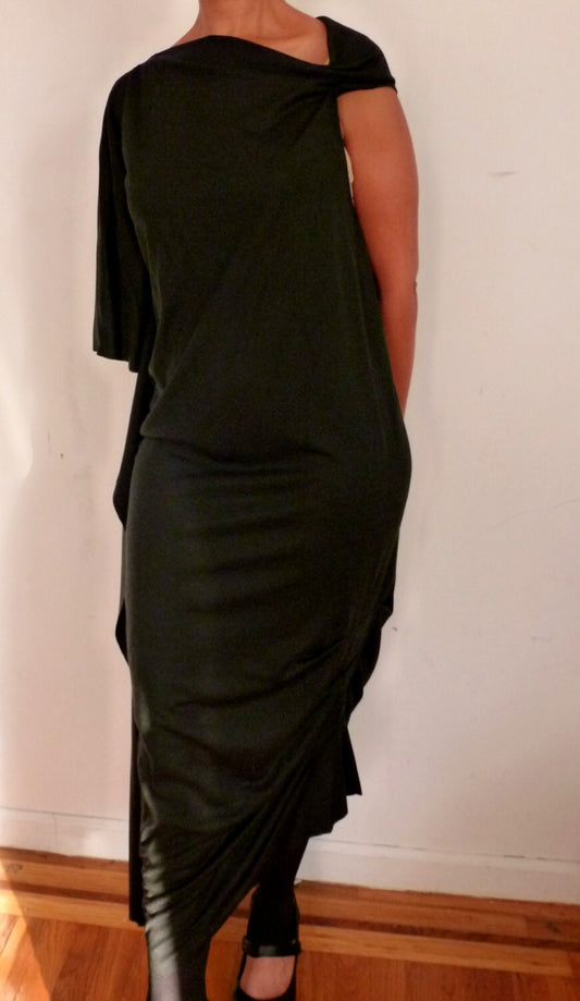 Black Long or knee length faux wrap dress with attached belt/ Asymetrical hemline/ fabric light knit or cotton spandex