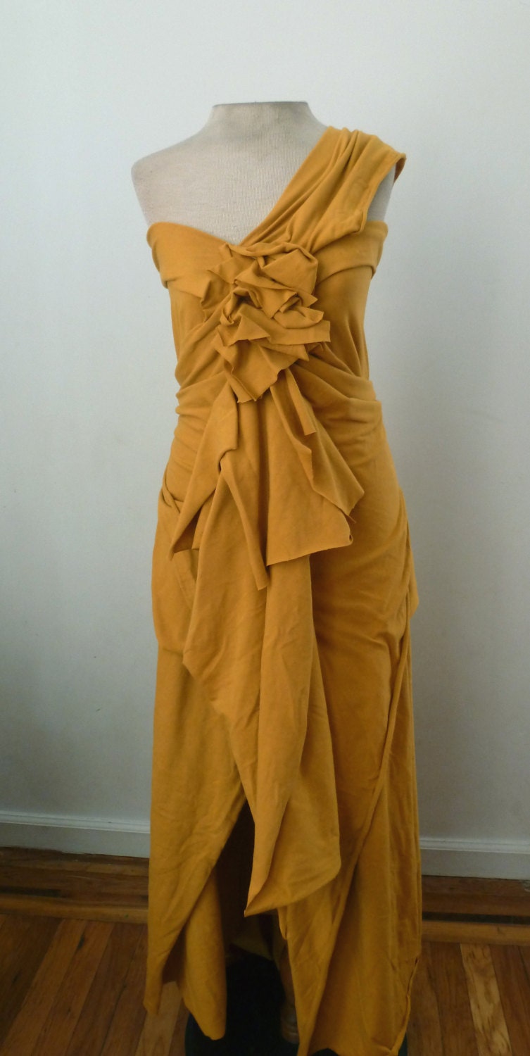 Mustard cotton lycra dress with one shoulder/layered dress/Designed by Cheryl Johnston/organic style wedding dress/maid of honor dress