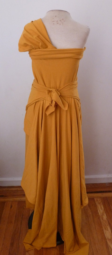 Mustard cotton lycra dress with one shoulder/layered dress/Designed by Cheryl Johnston/organic style wedding dress/maid of honor dress