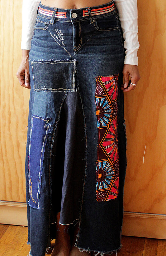 African print patched stretch denim/waist 32" hip 40" length 41" trim waist design and stitch detail design on preloved washed/Free shipping