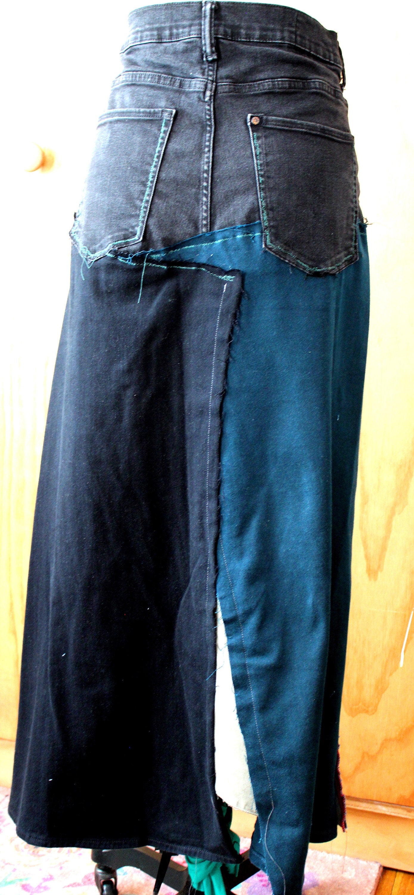 High waist Dark denim 3 panel upcycle denim slight stretch skirt/ waist 32-34/ hip 38-42/ length 40/ streetwear and chic one of a kind