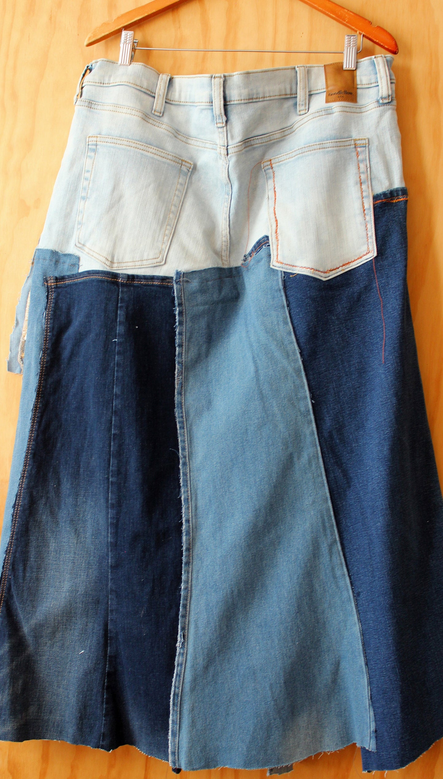 Prelove washed upcycle denim slight stretch skirt/ waist 40-43/ hip 46-49/ length 38/ streetwear chic one of a kind/alterations can be made