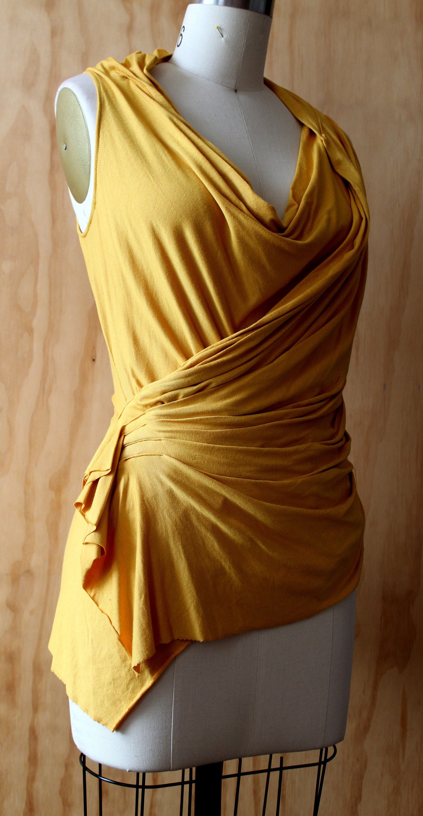 Mustard yellow with ruching and cowl neck/ side drape back with stitch detail / raw edge/color may not be available' inquire/ free shipping