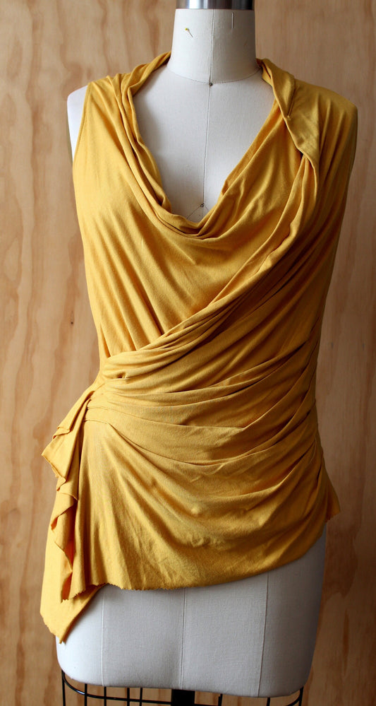 Mustard yellow with ruching and cowl neck/ side drape back with stitch detail / raw edge/color may not be available' inquire/ free shipping