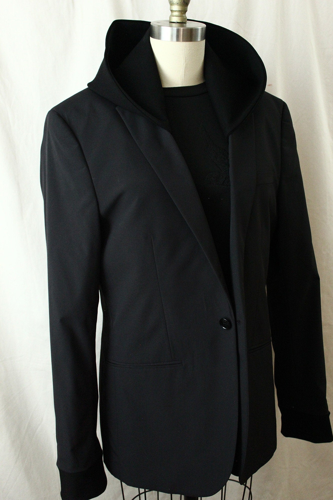 Jacket, Black viscose Hooded Blazer with knitted cuffs repurposed, one of a kind. Designed, tailored by Wendel Johnston.