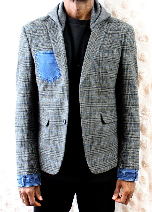 Jacket, plaid Grey wool Tweed Hooded Blazer with denim cuffs repurposed, one of a kind. Designed and tailored by Wendel Johnston.