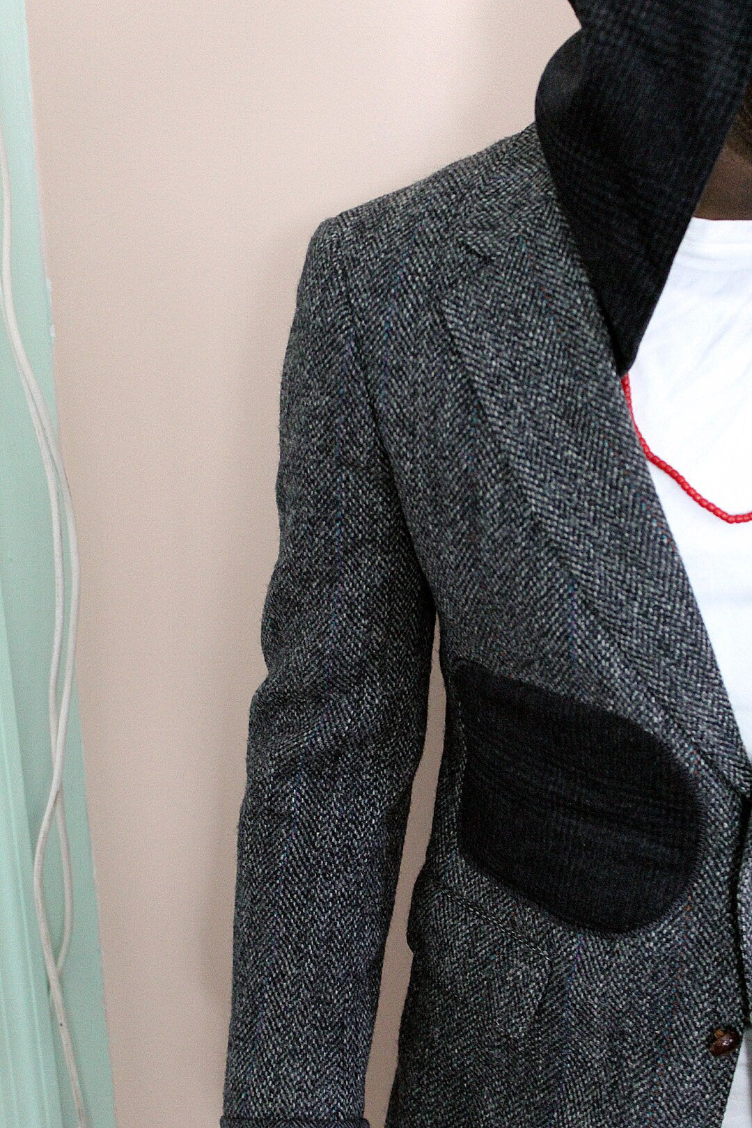 Jacket, Gray wool Tweed Hooded Blazer with wool cuffs, appliques, repurposed, one of a kind. Designed by Wendel Johnston.