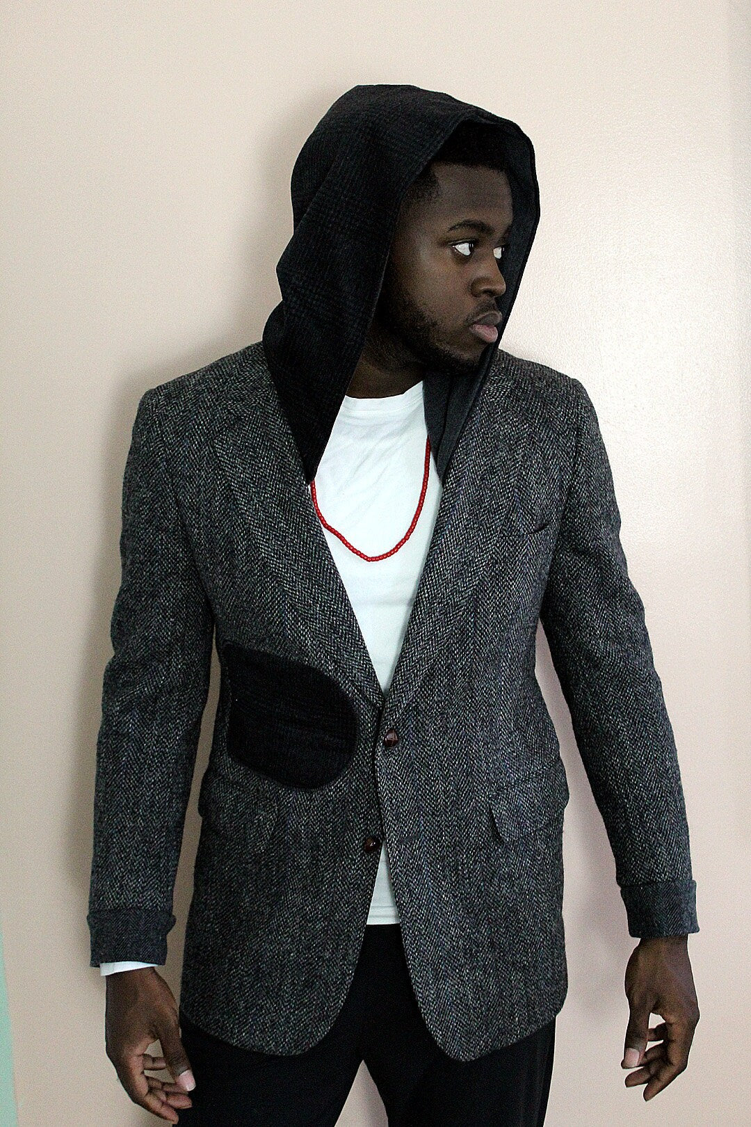 Jacket, Gray wool Tweed Hooded Blazer with wool cuffs, appliques, repurposed, one of a kind. Designed by Wendel Johnston.