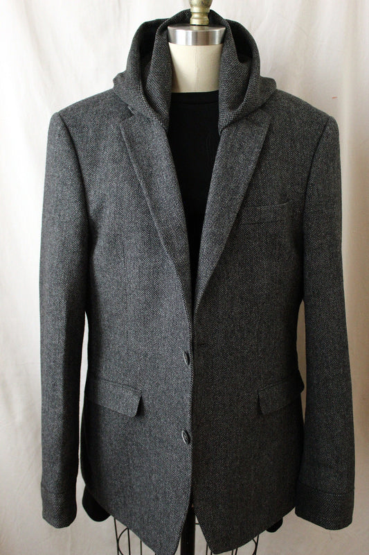 Blazer, Grey wool Hooded Blazer with wool cuffs, repurposed, one of a kind. Designed and tailored by Wendel Johnston.