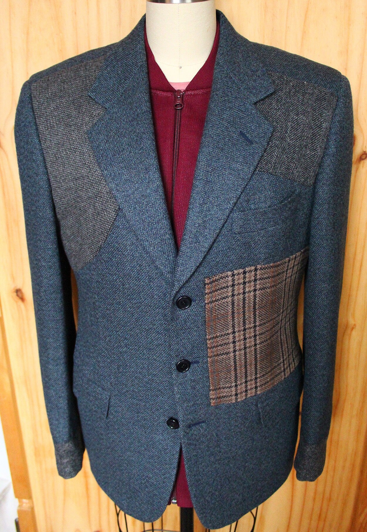 Cashmere Blazer, Men's pale blue wool jacket with cuffs, with applique, repurposed, one of a kind. All wool. Designer/tailor Wendel Johnston