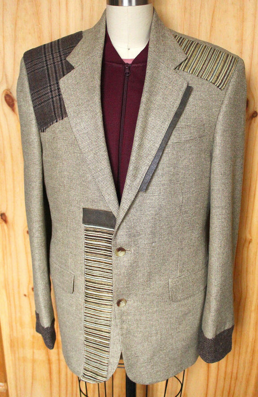 Blazer, jacket, Men's Beige wool Blazer with wool cuffs, leather and wool appliques, repurposed, one of a kind. Designed by Wendel Johnston